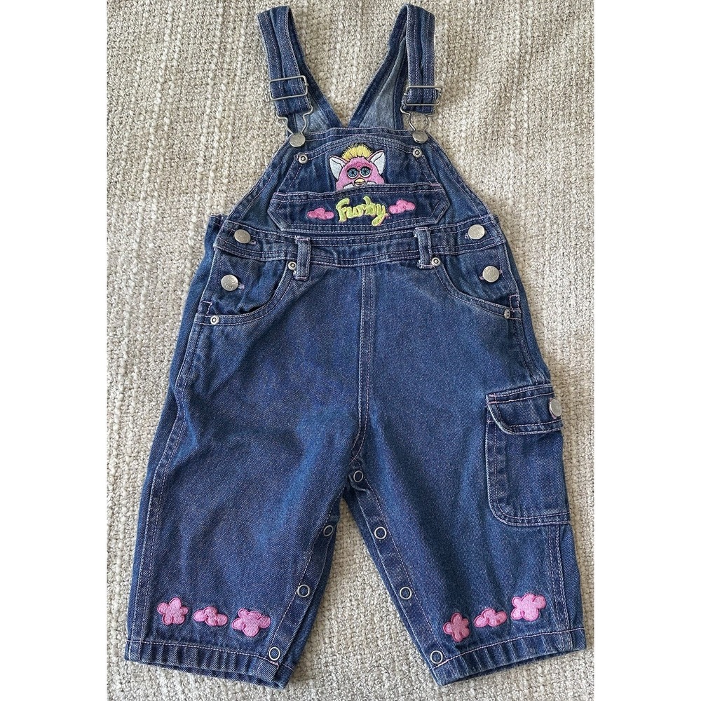 Vintage Furby Overalls Size 12 Months 90's Y2K Pink Denim Jeans Outfit Romper